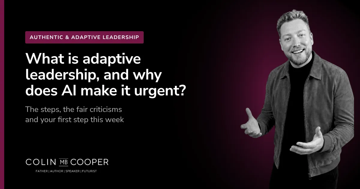 Article card: What is adaptive leadership, and why does AI make it urgent? AI-generated image of Colin M.B. Cooper
