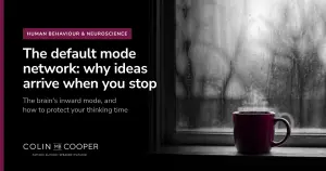 Colin M.B. Cooper card: What is the default mode network, and why do ideas arrive when you stop? AI-generated image of a mug at a rainy window