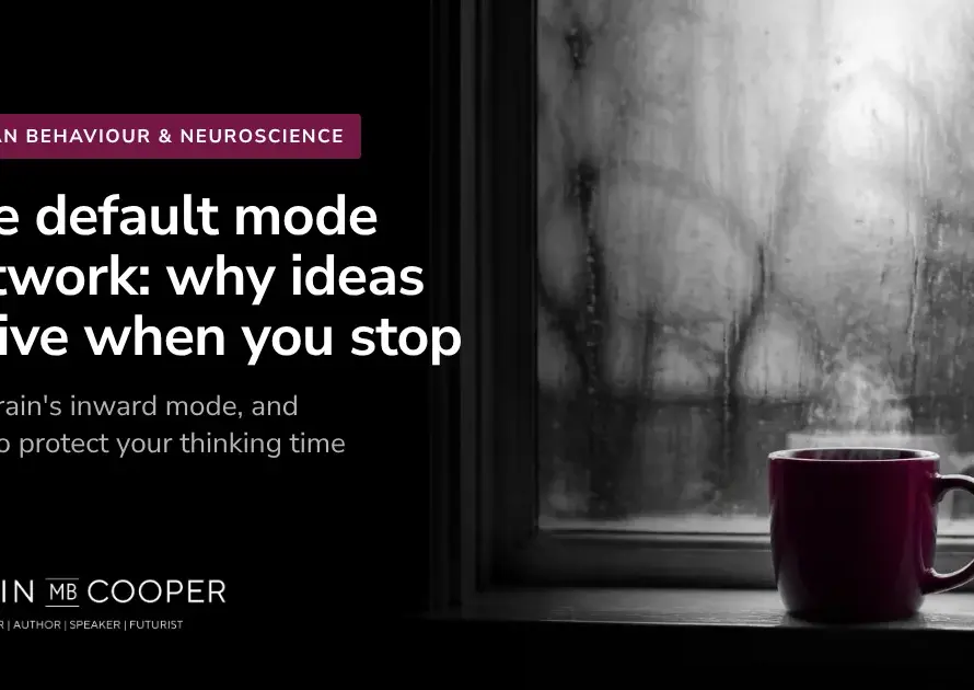 Colin M.B. Cooper card: What is the default mode network, and why do ideas arrive when you stop? AI-generated image of a mug at a rainy window