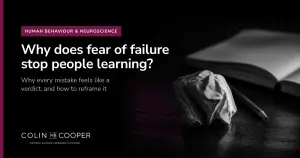 Article card: Why does fear of failure stop people learning? AI-generated image of a crumpled sheet of paper beside an open notebook