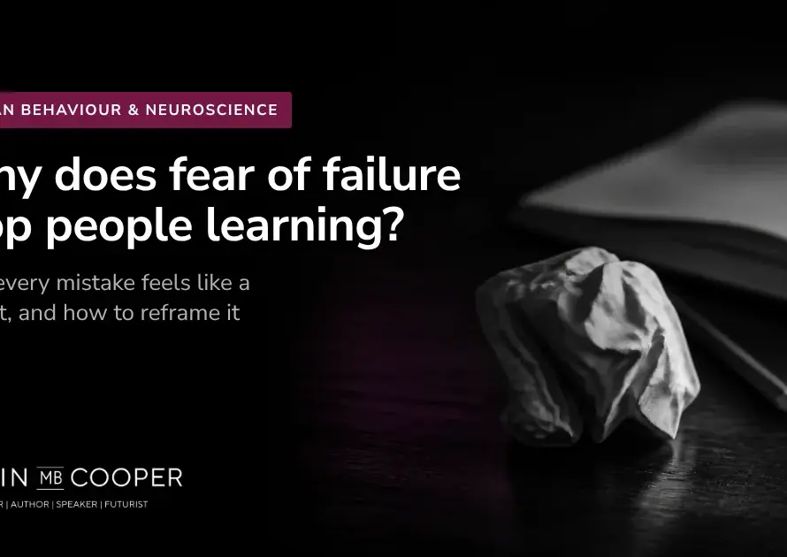 Article card: Why does fear of failure stop people learning? AI-generated image of a crumpled sheet of paper beside an open notebook