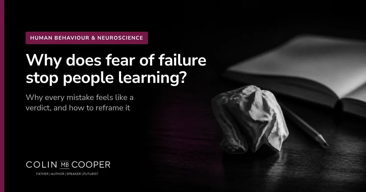 Article card: Why does fear of failure stop people learning? AI-generated image of a crumpled sheet of paper beside an open notebook