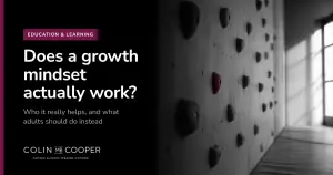 Colin M.B. Cooper card: Does a growth mindset actually work? AI-generated image of a climbing wall with one plum hold