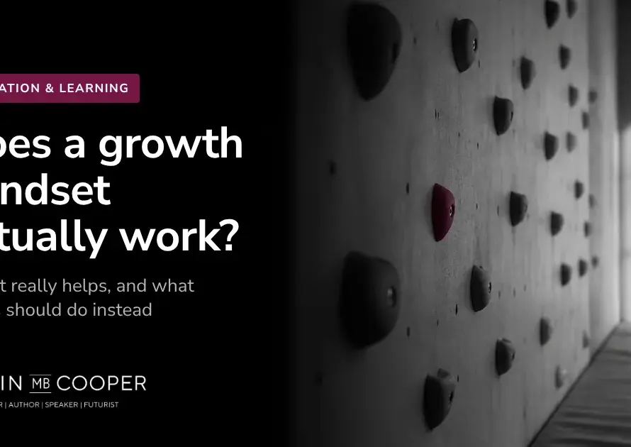 Colin M.B. Cooper card: Does a growth mindset actually work? AI-generated image of a climbing wall with one plum hold