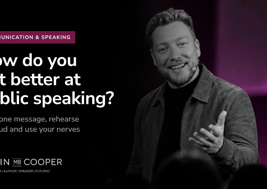 Colin M.B. Cooper card: How do you get better at public speaking? AI-generated image of Colin M.B. Cooper speaking on stage