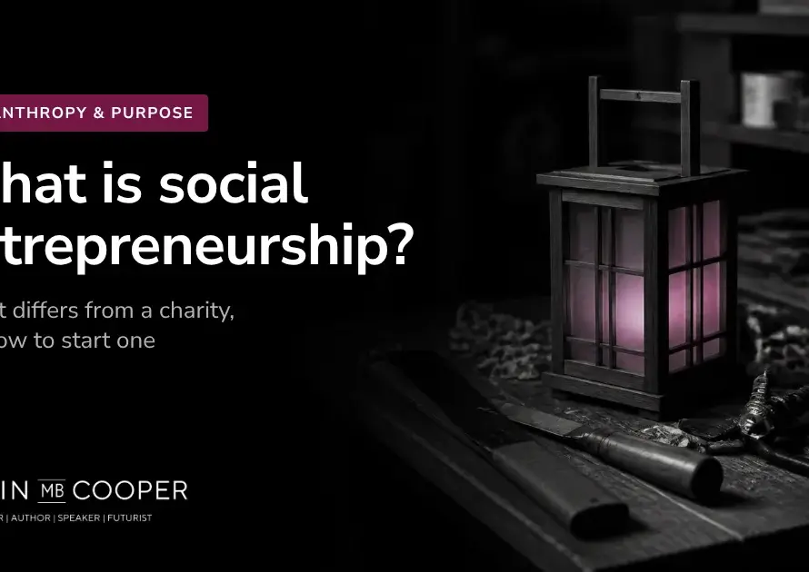 Colin M.B. Cooper card: What is social entrepreneurship, and how do you start a business that does good? AI-generated image of a glowing lantern
