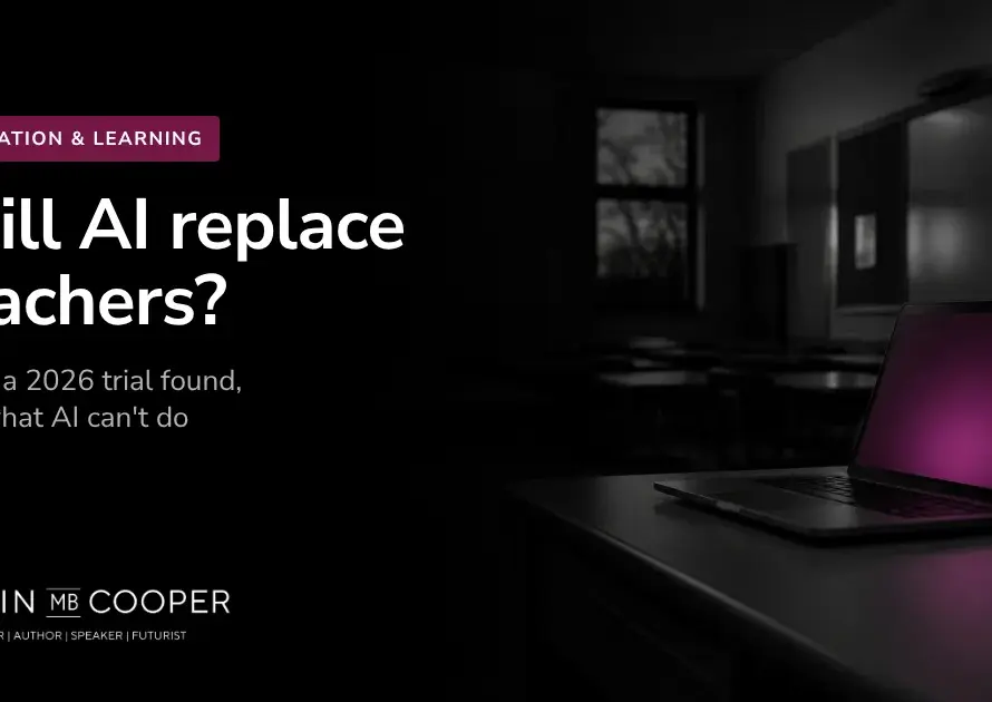 Article card: Will AI replace teachers? AI-generated image of an empty classroom at dusk with a laptop open on the teacher's desk