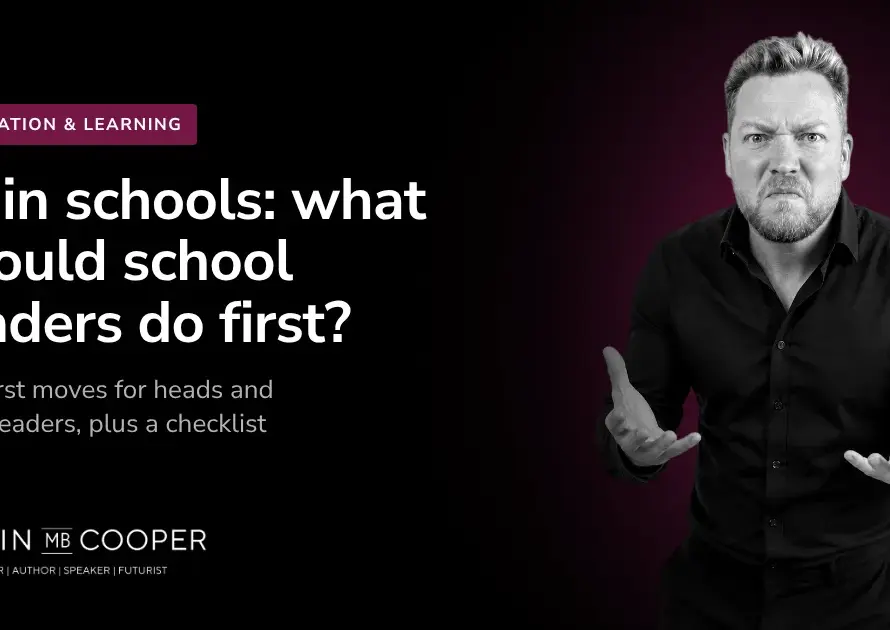 Colin M.B. Cooper card: AI in schools: what should school leaders do first? AI-generated image of Colin M.B. Cooper