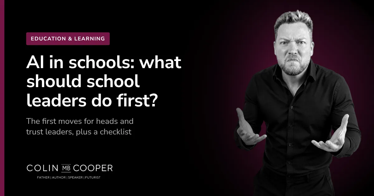 Colin M.B. Cooper card: AI in schools: what should school leaders do first? AI-generated image of Colin M.B. Cooper